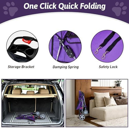Foldable Pet Stroller 4 Wheels for Small Medium Dogs Cats,Purple