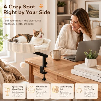 Cat Desk Bed with 3 Mats for All Seasons, 360° Rotating Adjustable