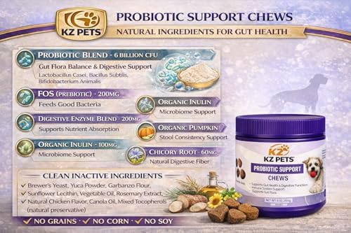 Probiotic Support Chews for Dogs – 6 Billion CFU 5-Strain Dog Probiotic with Prebiotics & Digestive Enzymes – Gut Health, Digestive Support & Immune Support Supplement – 100 Soft Chews