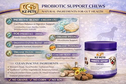 Probiotic Support Chews for Dogs – 6 Billion CFU 5-Strain Dog Probiotic with Prebiotics & Digestive Enzymes – Gut Health, Digestive Support & Immune Support Supplement – 100 Soft Chews