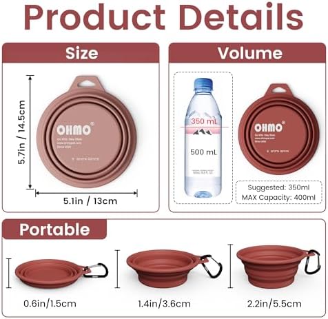 OHMO Small Collapsible Dog Bowls, Steel Rim, 12oz, 2pcs, Coral&Brick Red