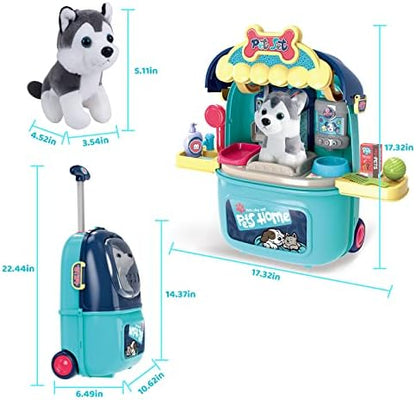 Magic4U Pet Care Carrier Suitcase Toy, 29 Pcs Veterinarian Playset for Kids