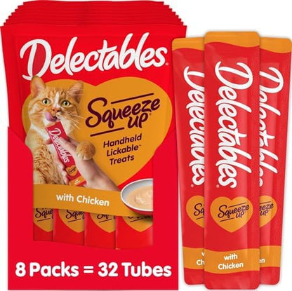Delectables Squeeze Up Creamy Squeezable Puree, Lickable Wet Cat Treats, Grain Free, No Added Fillers, No By-Products, No Added Preservatives, 0.5 Ounces Tube Chicken Flavor, 32 Tubes Total
