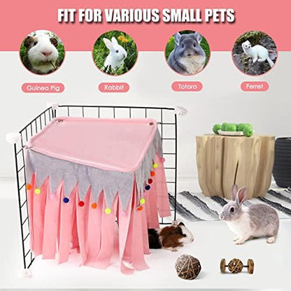 Guinea Pig Hideout - Guinea Pig Corner Hideout, Four-Sided Fringes, Square Top and Washable Hides, Ideal Hides for Small Pets, No Metal Fences, Pink