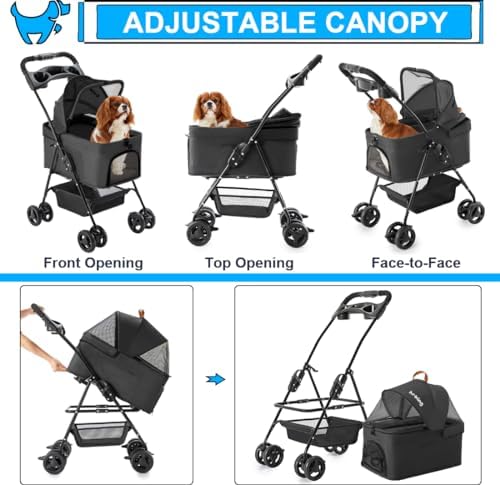 Pet Stroller with Detachable Carrier for Small Dogs & Cats, Black