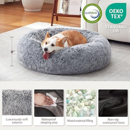 Donut Dog Bed Medium Size Dog 30 Inch, Round Cat Beds for Small Medium Dogs and Cats with Washable Fluffy Faux Fur, Cute Comfort Pet Bed with Anti-Slip Bottom, Grey