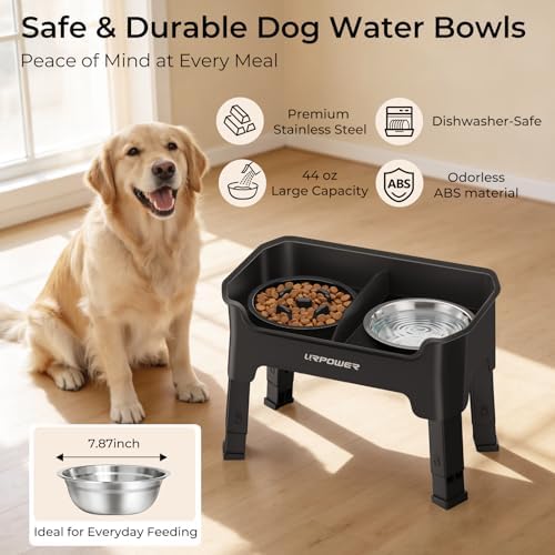 URPOWER Mess Proof Elevated Dog Bowls, Slow Feeder with Splash Guard