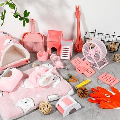 Teenyyou 24 Pcs Small Guinea Pig Starter Kit Essentials for Hamster Cage Accessories Toys House Bed Cage Cleaner Food Bowl Water Holder Carrier Bag Teething Toys Liner Tunnel for Beginner(Pink)