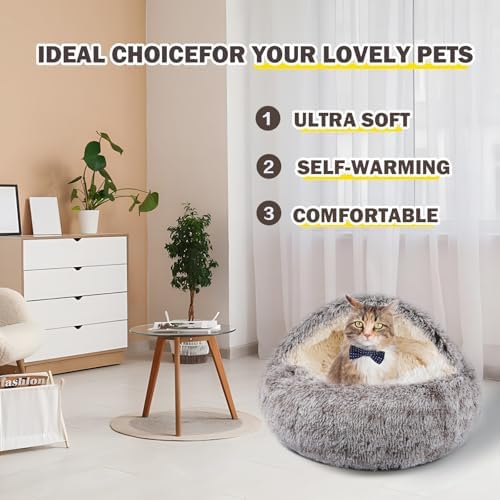 Cat Bed for Indoor Cats, Calming Cozy Cave with Self-Warming Plush, Entire Bed Machine Washable & Anti-Slip Base, Breathable Pet Bed for Small Cats&Dogs All Seasons (Khaki, 22 * 22inch)