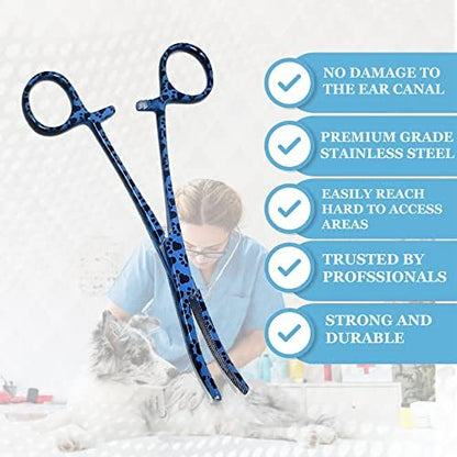 Dog Pet Ear/Nose Hair Puller Grooming Hemostat Locking Forceps Curved Pliers, 5.5" (14cm) Full Serrated Clamps Stainless Steel (Blue Paws)