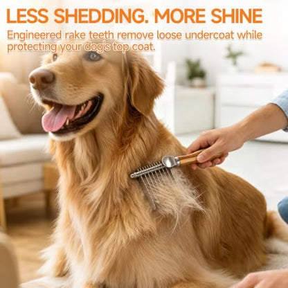 Pet Dematting Comb for Dogs & Cats, 45° Stainless Steel Undercoat Rake Removes Mats, Knots, Tangles & Loose Fur, Grooming Brush for Long & Short Haired Pets, Ergonomic Natural Bamboo Handle