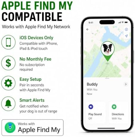 GPS Collar for Dogs (iOS Only) Smart tag,Waterproof Compatible with Apple Find My,No Monthly Fee,Advanced Tracking Solution Smart Collar for Pet Safety Ideal Small Large Dogs (iOS Tracker for Dog)