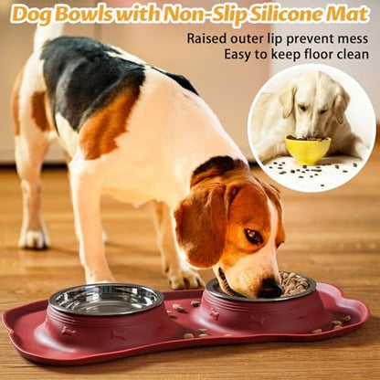 Hubulk Pet Dog Bowls 2 Stainless Steel Dog Bowl with No Spill Non-Skid Silicone Mat + Pet Food Scoop Water and Food Feeder Bowls for Feeding Small Medium Large Dogs Cats Puppies (Burgundy, Small)