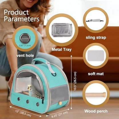 Bird Carrier, Portable Small Bird Parrot Parakeet Carrier with Standing Perch and Stainless Steel Tray, Side Access Window Collapsible (Green, Horizontal Perch)