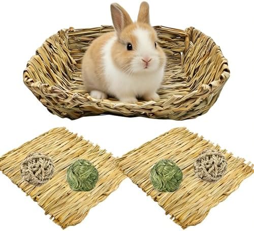 Hamiledyi Rabbit Grass Bed Natural Handmade Hay Mat Chew Balls for Drawf Rabbit Bunny Chinchilla Guinea Pig Ferret Hedgehog Rat