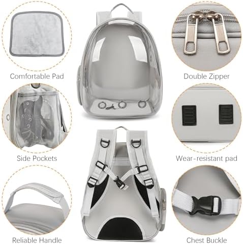kathson Bearded Dragon Carrier with Harness and Leash Set, Large Reptile Travel Carrier Portable Lizard Backpack Clear Small Animals Carrying Bag for Gecko Hamster Rabbit Hedgehog Kitten (Gray)