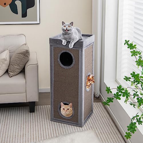 Tangkula 4 Story Cat Tree Condo, 39 Inch Multi-Layer Cat House with Sisal Scratch Pad, 3 Hideaways, Removable Soft Top Plush Bed, Barrel-Shaped Pet House Tower for Indoor Cats, Modern Cat Furniture