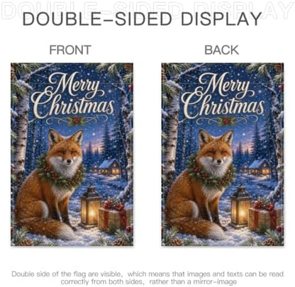 Merry Christmas Garden Flag 12x18 Inch Red Fox Pine Wreath Lantern Gift Snowy Birch Forest Rustic Winter Outdoor Yard Lawn Front Porch Welcome Double Sided Banner Decor