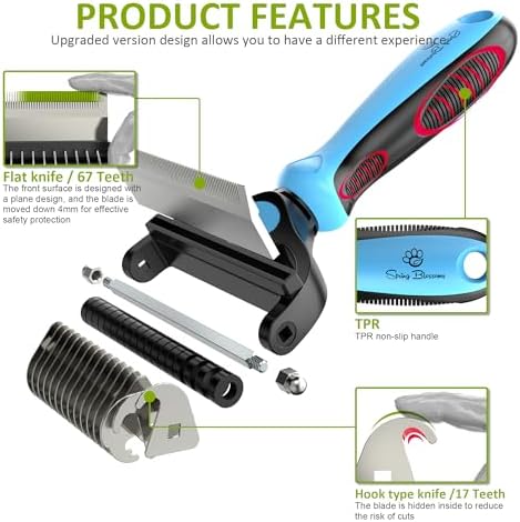 Spring Blossoms-2 in 1 Professional Grooming Rake for Cats & Dogs-Dematting Comb for Easy Mats & Tangles Removing,Pet Brush Safe No More Nasty Shedding and Flying Hair (Blue)
