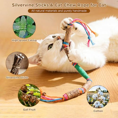 Catnip Toys for Indoor Cats - Silvervine Sticks & Cat Chew Toys for Teeth Cleaning - Refillable Natural Catnip & Silvervine Kit for Kittens & Adult Cats - 8 Pack
