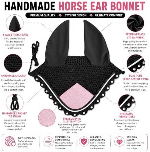 Horse Ear Bonnet for Horses – Handmade Crochet Fly Veil with Crystal Stones, Glitter Patch, Breathable Stretch Ears, Horse Fly Bonnet Ear Bonnet for Riding (Pink, Horse/Full)