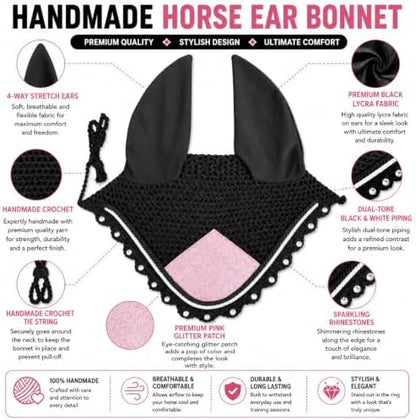 Horse Ear Bonnet for Horses – Handmade Crochet Fly Veil with Crystal Stones, Glitter Patch, Breathable Stretch Ears, Horse Fly Bonnet Ear Bonnet for Riding (Pink, Horse/Full)