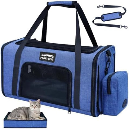 Soft-Sided Cat Carrier with Foldable Litter Box for Air Travel, Blue