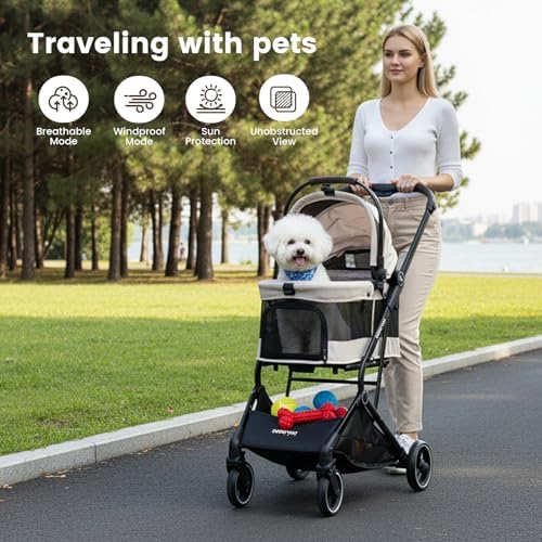 T3 Pet Stroller for Small Dogs & Cats up to 44lbs (Beige)