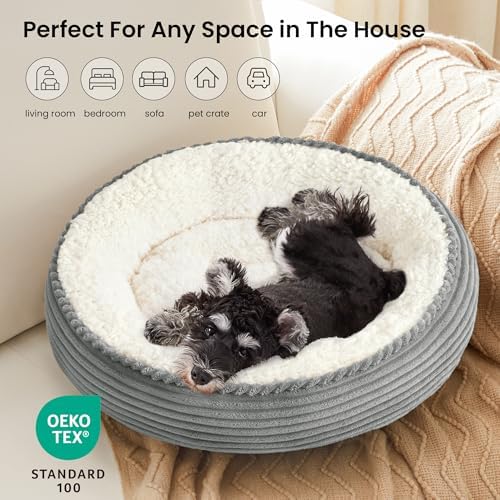 Love's cabin Round Donut Cat and Dog Cushion Bed, 24in Pet Bed for Small or Medium Dogs, Anti-Slip & Water-Resistant Bottom, Soft Durable Fabric Pet Beds, Washable Calming Cat Bed Light Grey