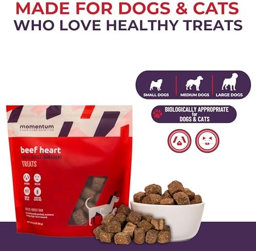 Momentum Carnivore Nutrition Freeze-Dried Beef Heart Dog Treats & Cat Treats – Single-Ingredient, High-Protein, Grain-Free – Made in USA – 3 oz Bag (Pack of 2)