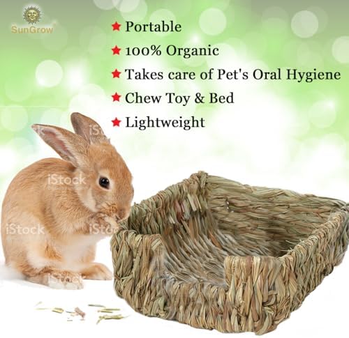 SunGrow Portable Grass Bed for Rabbits, Handmade and Washable Basket, Chew Toy, Easy to Dry, Sleeping, Chewing, Nesting Pad, Small Animal Bunny Bedding