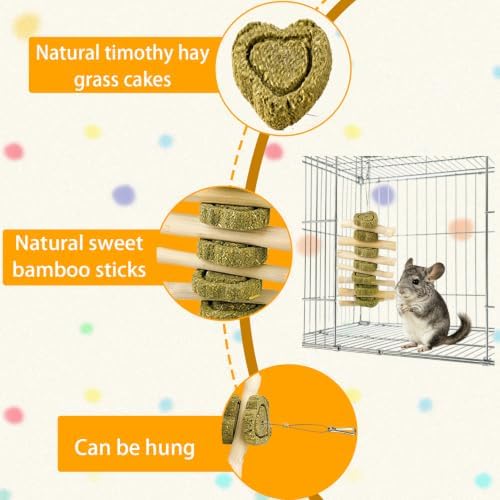 kathson Natural Bunny Toys for Rabbits,4 PCS Hanging Rabbit Chew Toys Treats with Timothy Hay Cakes & Sweet Bamboo Stick,Reduce Boredom,Keep Dental Health,Chewing Toys for Guinea Pigs Bunny Hamster