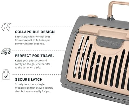 SportPet Designs Foldable Travel Cat Carrier - Front Door Plastic Collapsible Carrier, Gray and Tan, Medium (Pack of 1)