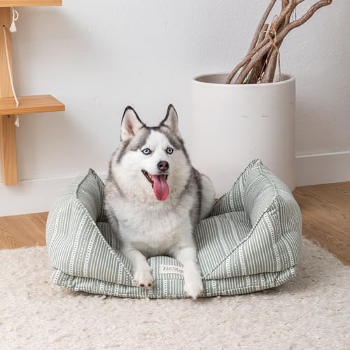 Fringe Studio Block Stripe Dusty SAGE 30" W x 23" D x 9.5" H Medium Mase Modern Cuddler Pet Bed, 100% Cotton Canvas Exterior w/Overfilled Bolster, Machine Washable, PetShop Collection (752001)
