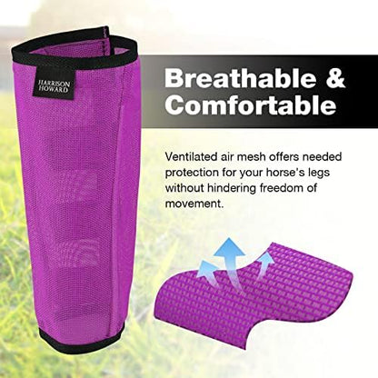 Harrison Howard Loose Fitting Fly Boots UV-Protective Extra Tough Mesh Ventilated Four Fasteners Stay-on Design Protect Horse Legs & Stomp-Reducing Set of 4 Purple Yearling