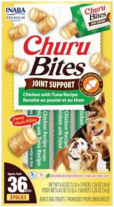 INABA Churu Bites Joint Support for Dog, Functional Lickable Dog Treat with Taurine & Green Tea Extract, 1.26oz Each, 18 Tubes Total, Chicken with Tuna Recipe