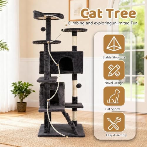 BestOffice 54" Cat Tree with Toy, Multi-Level Cat Tower Indoor Dark Gray