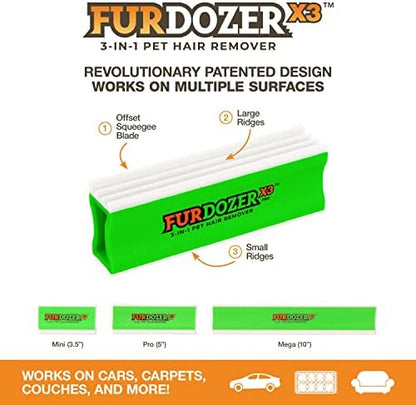 FurDozer Pet Hair Remover & Auto Detailing Tools - Cat & Dog Hair Remover for Carpets, Car Interiors, Couches, Bedding, & Pet Furniture (Green, (3 Pack) - X6, X3 PRO, X3 MINI)