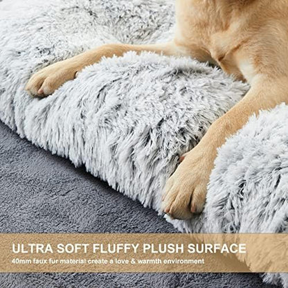 BFPETHOME Dog Beds for Large Dogs, Plush Dog Crate Bed Fluffy Cozy Kennel Pad for Sleeping &Ease Anxiety, Washable Pet Mats with Anti-Slip Bottom for Large Dogs, Grey