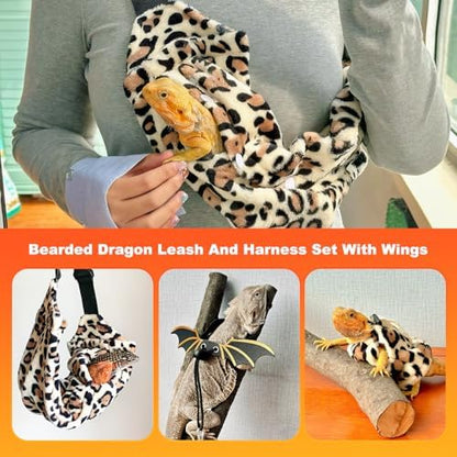 Bearded Dragon Lizard Leash Harness 3-Piece Set,Reptile Small Pet Backpack,3 Size Pack Adjustable Bearded Dragon Harness and Soft Comfortable Lizard Vest -Leopard Pattern