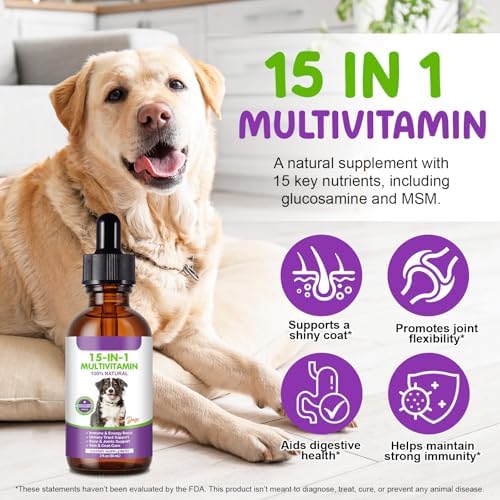 Dog Multivitamin, 15 in 1 Multivitamin for Dogs, Dog Vitamins Liquid Supplements Drops for Hip & Joint, Skin & Coat, Immune, with Glucosamine and MSM, 2 Oz
