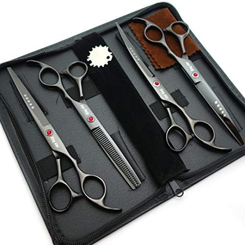 7.0in Titanium Professional dog Grooming Scissors set,Straight & Thinning & Curved scissors 4pcs set for Dog grooming (Bright black)