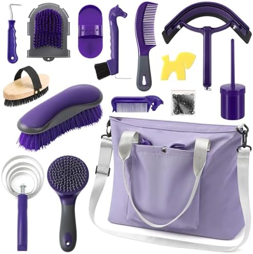 Abbylike 15 Pieces Horse Grooming Kit with Organizer Tote Bag Tack Room Supplies Horse Brush Sets Care Equine Cleaning Kit Shedding Grooming Massaging Tools(Purple and Grey)