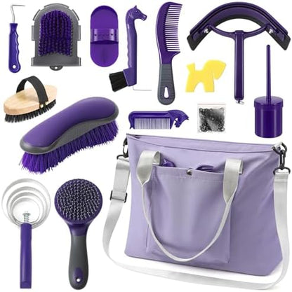 Abbylike 15 Pieces Horse Grooming Kit with Organizer Tote Bag Tack Room Supplies Horse Brush Sets Care Equine Cleaning Kit Shedding Grooming Massaging Tools(Purple and Grey)
