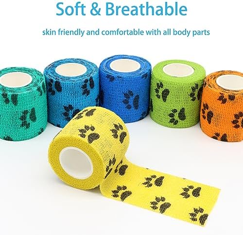 Self Adhesive Bandage Wrap Animal Cohesive Bandage Self Adherent Wrap First Aid Tape for Dogs Cats Horses Birds & Wrist Healing Ankle Sprain (2 Inch Mixed Cat Paw 6 Rolls)