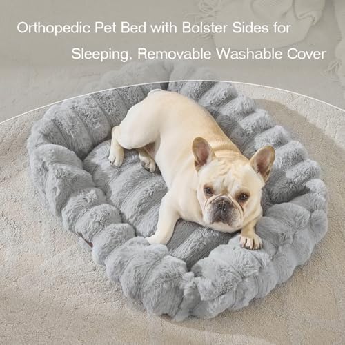 Luxury Dog Beds,Large Sized Dog Washable Furry Pet Beds,Comfort Rectangle Pet Sofa Couch with Ultra,Puppy Beds with Removable Zipper Cover,40x30x7.5inches,Light Gray