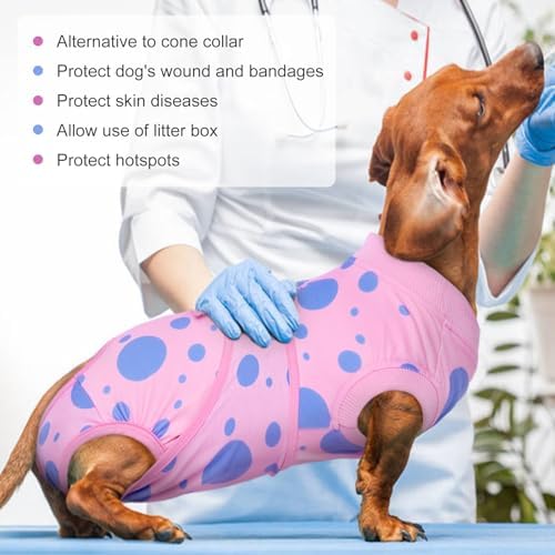 Kuoser Dog Surgery Suit, Soft Dog Spay Recovery Suit Female, Anti Licking Neuter Recovery Suit for Male Dogs, Post-Op Pet Surgical Suit Protective Wear E-Collar & Cone Alternative,Pink Polka Dots S