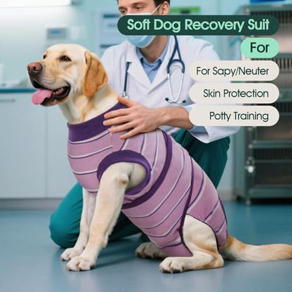 Kuoser Dog Surgery Recovery Suit, Soft Breathable Dog Recovery Suit for Female Spay Male Nueuter, Anti Licking Puppy Onesie Pet Surgical Suit for Dogs Abdominal Wounds Skin Disease, Purple Strips XS