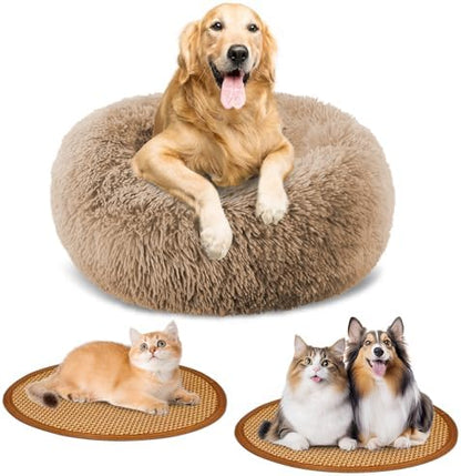 Calming Donut Dog Bed Medium Size Removable Cover + 2 PCS Cooling Rattan Pet Mat, Fluffy Comfort Anti-Anxiety Washable Round Pets Bed with Double-Sided Cool Pad for Medium Dogs/Cat, 31" Khaki