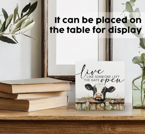 Live like Someone Left the Gate Open Cow Sign, Farm House Cottagecore Cow Wooden Signs, Rustic Farmhouse Wood Sign Home Decor, Farm Cow Decor For Office Bedroom Kitchen